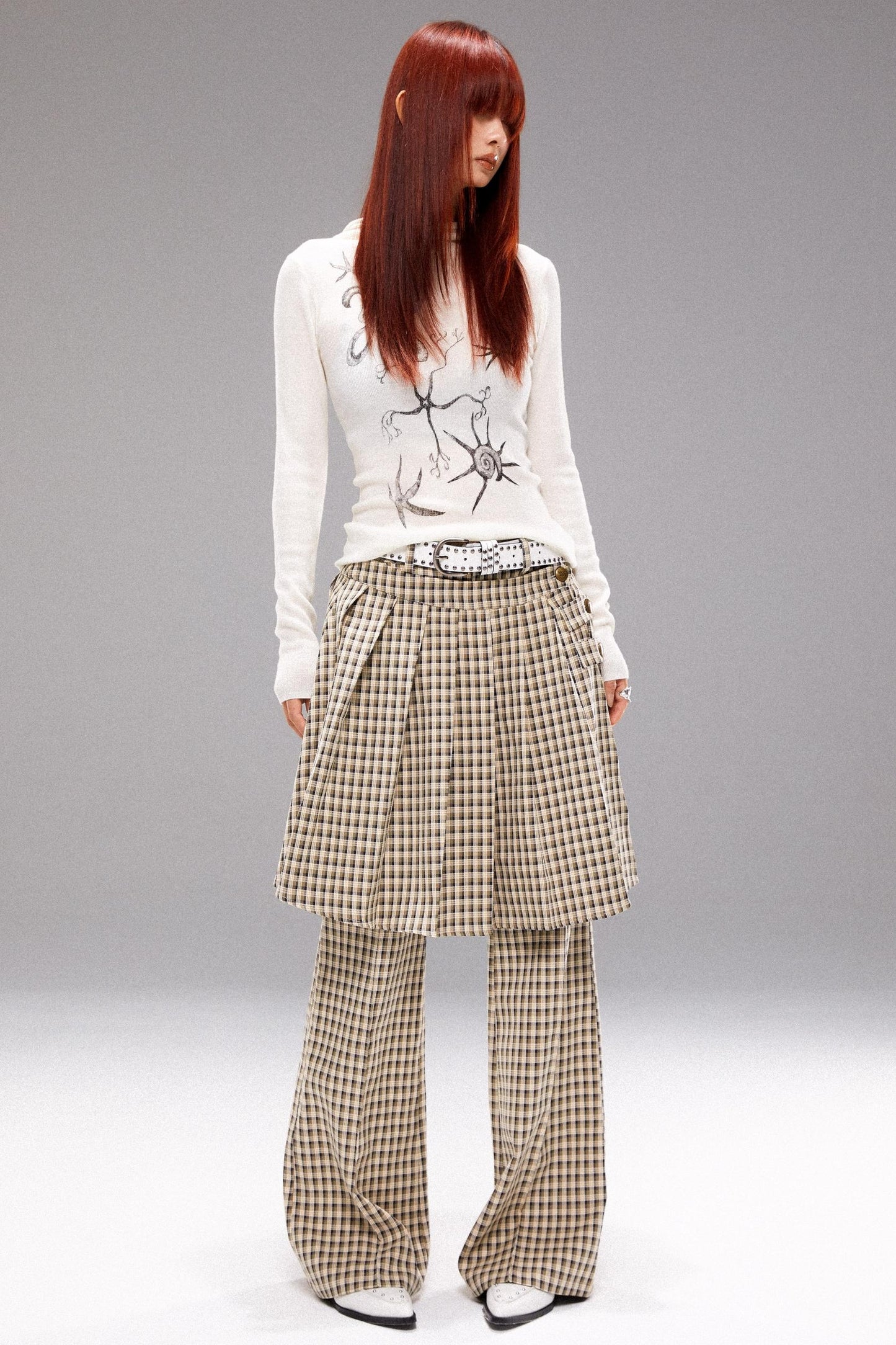 Pleated Check Slim Culottes Pants