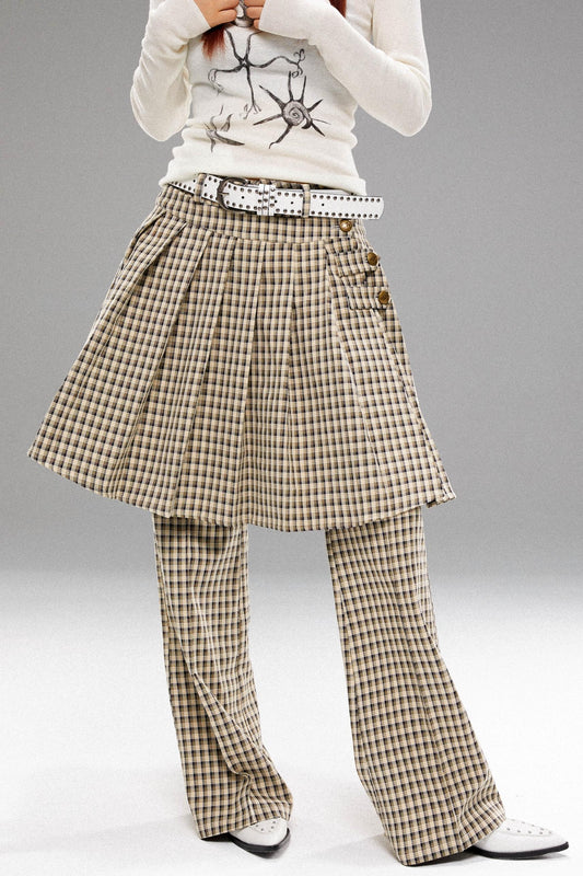 Pleated Check Slim Culottes Pants