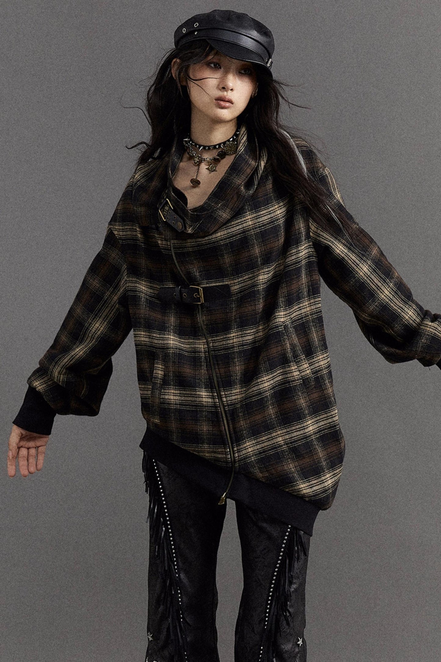 Asymmetric Check Punk Jacket