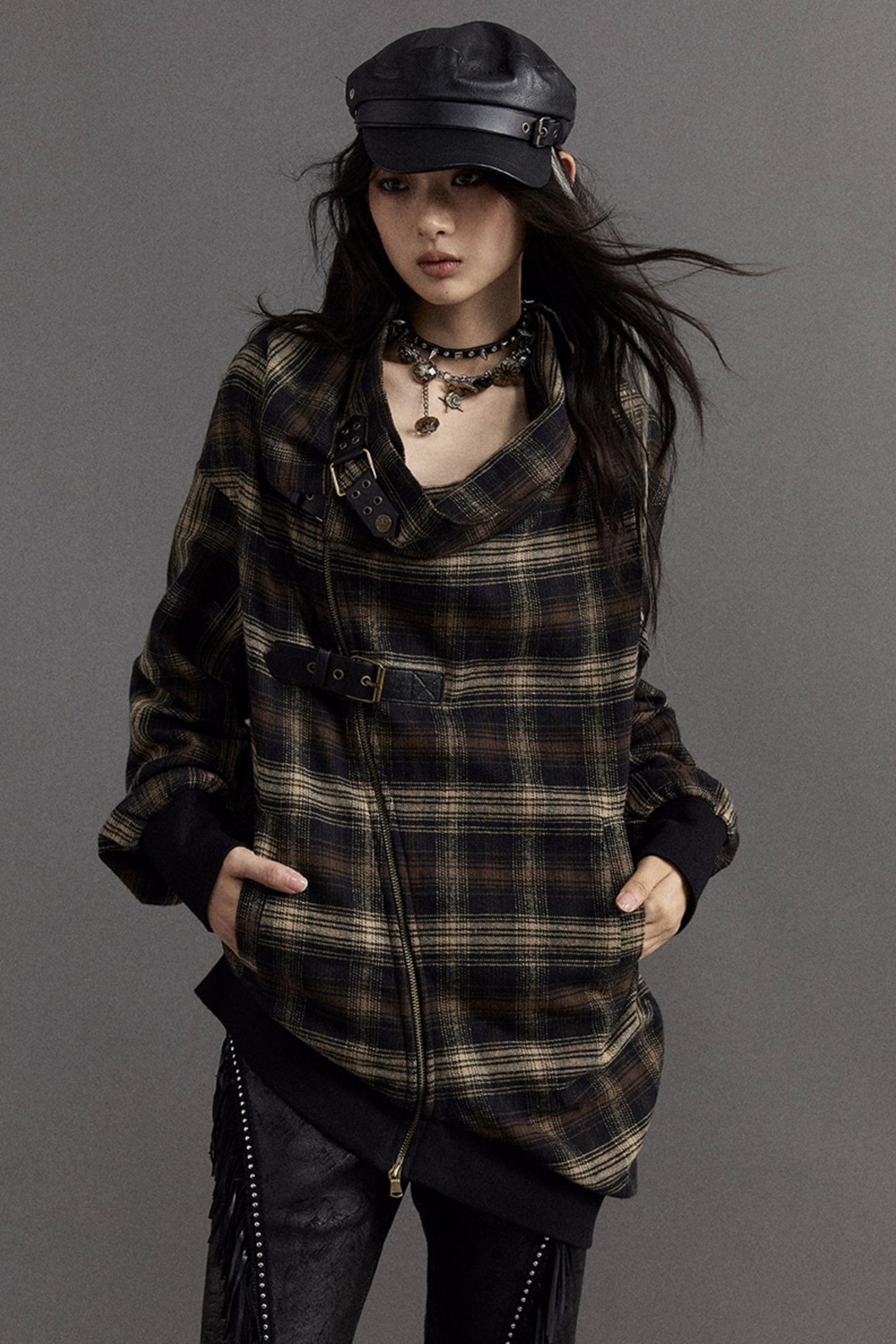 Asymmetric Check Punk Jacket