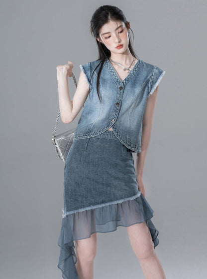 Trendy Patchwork Streamer Denim Set