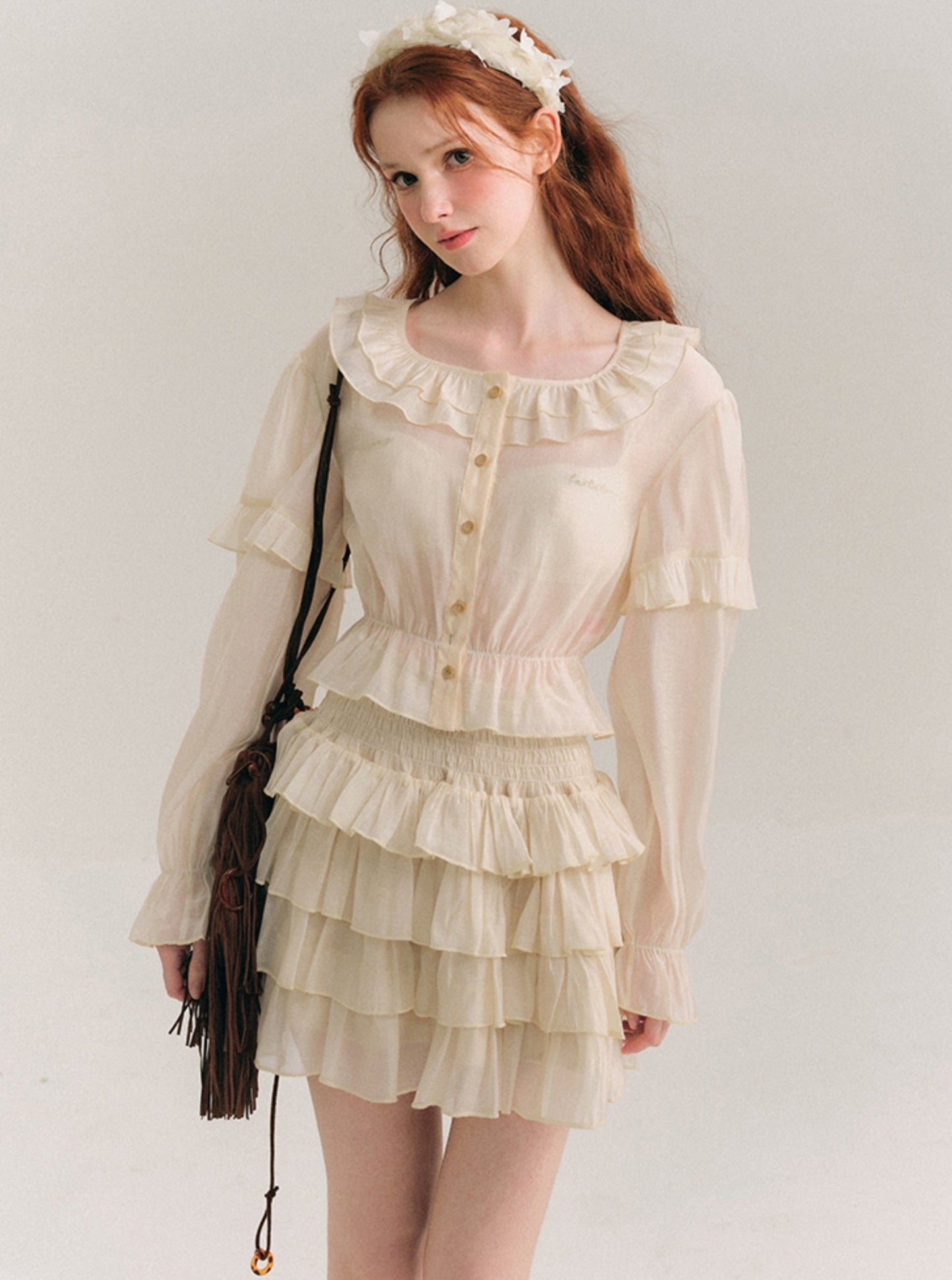 Tencel Ruffle Collar Shirt & Cake Skirt Set-Up