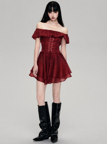 Red Rose Lace-up One-Shoulder Dress