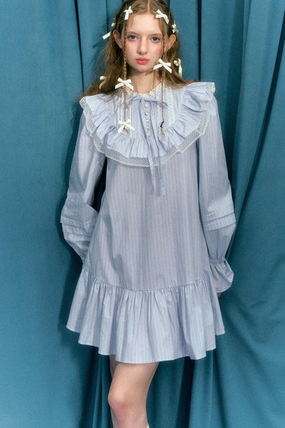 Bow Ruffled Stripe Long Sleeve Dress