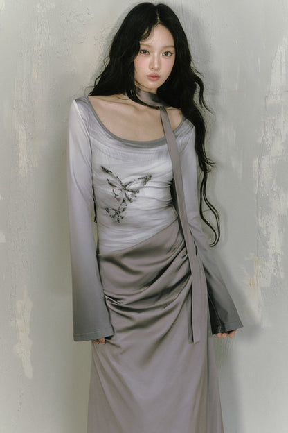 Gray Long Sleeve Butterfly Dress