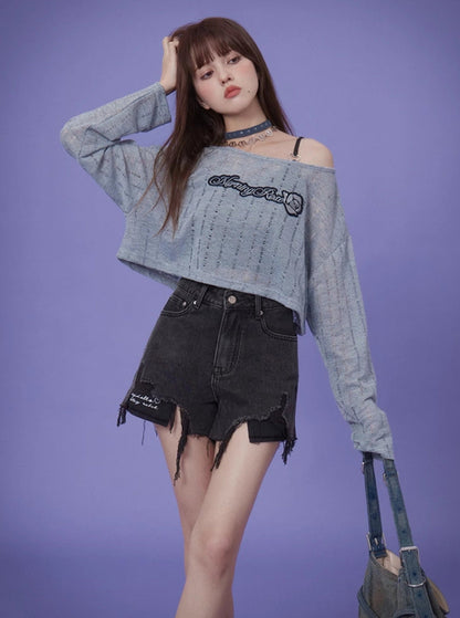 Blue Hollow Knitted Top