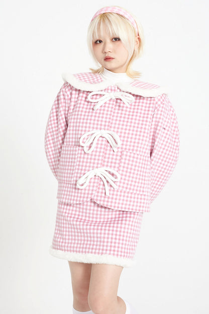 Round Neck Pink Plaid Wool Coat