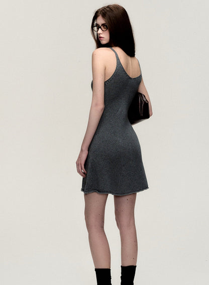 Grey V-Neck Knitted Slip Dress