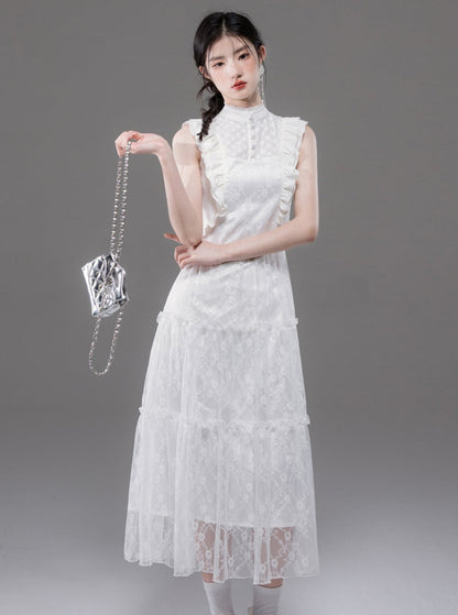 White Lace Stand-up Collar Dress