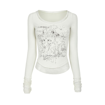 Printed Lace Long Sleeve Top