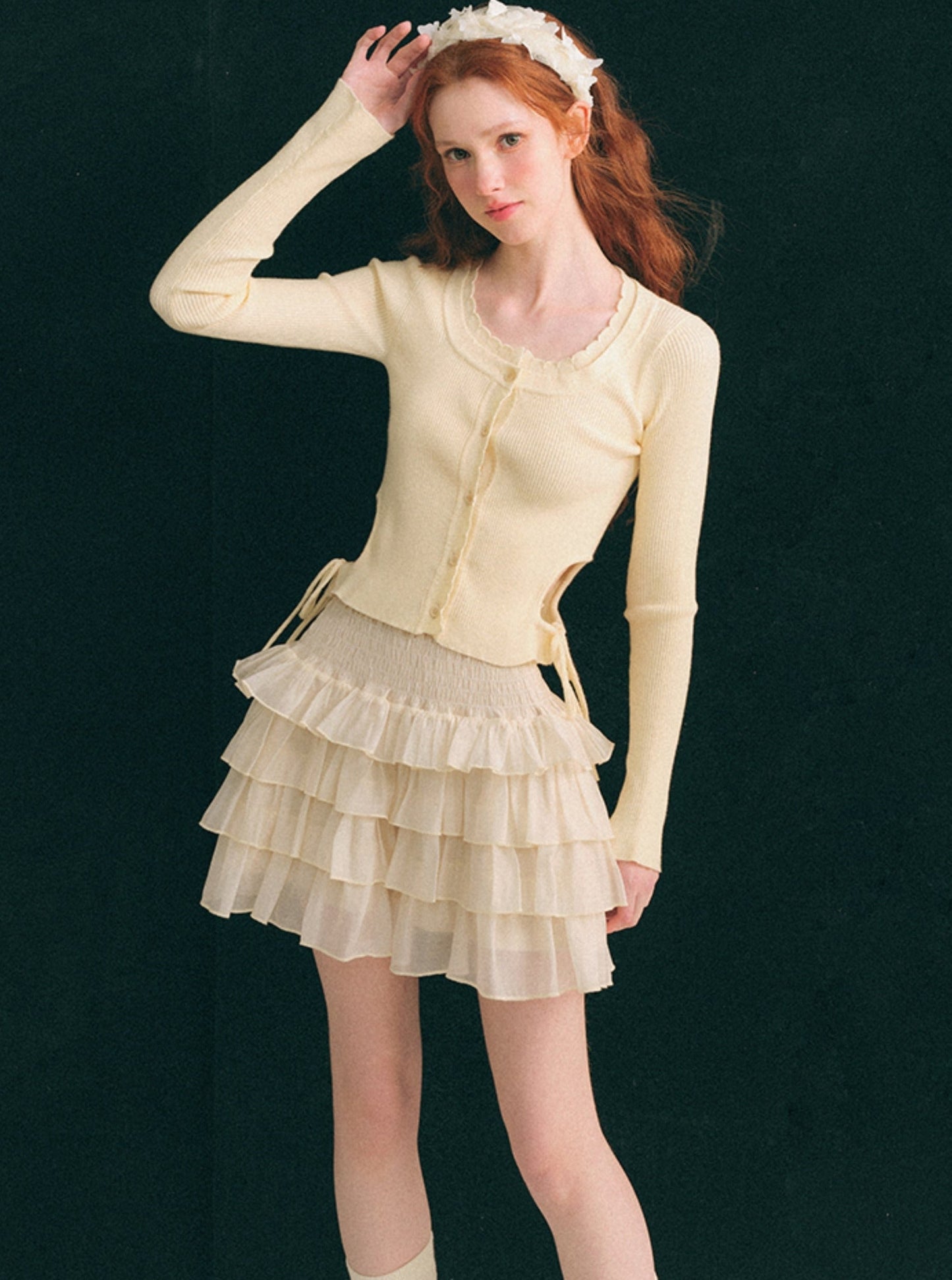 Tencel Ruffle Collar Shirt & Cake Skirt Set-Up