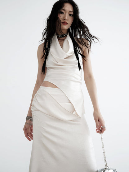 White Two-Piece Draped Vest Maxi Dress Set