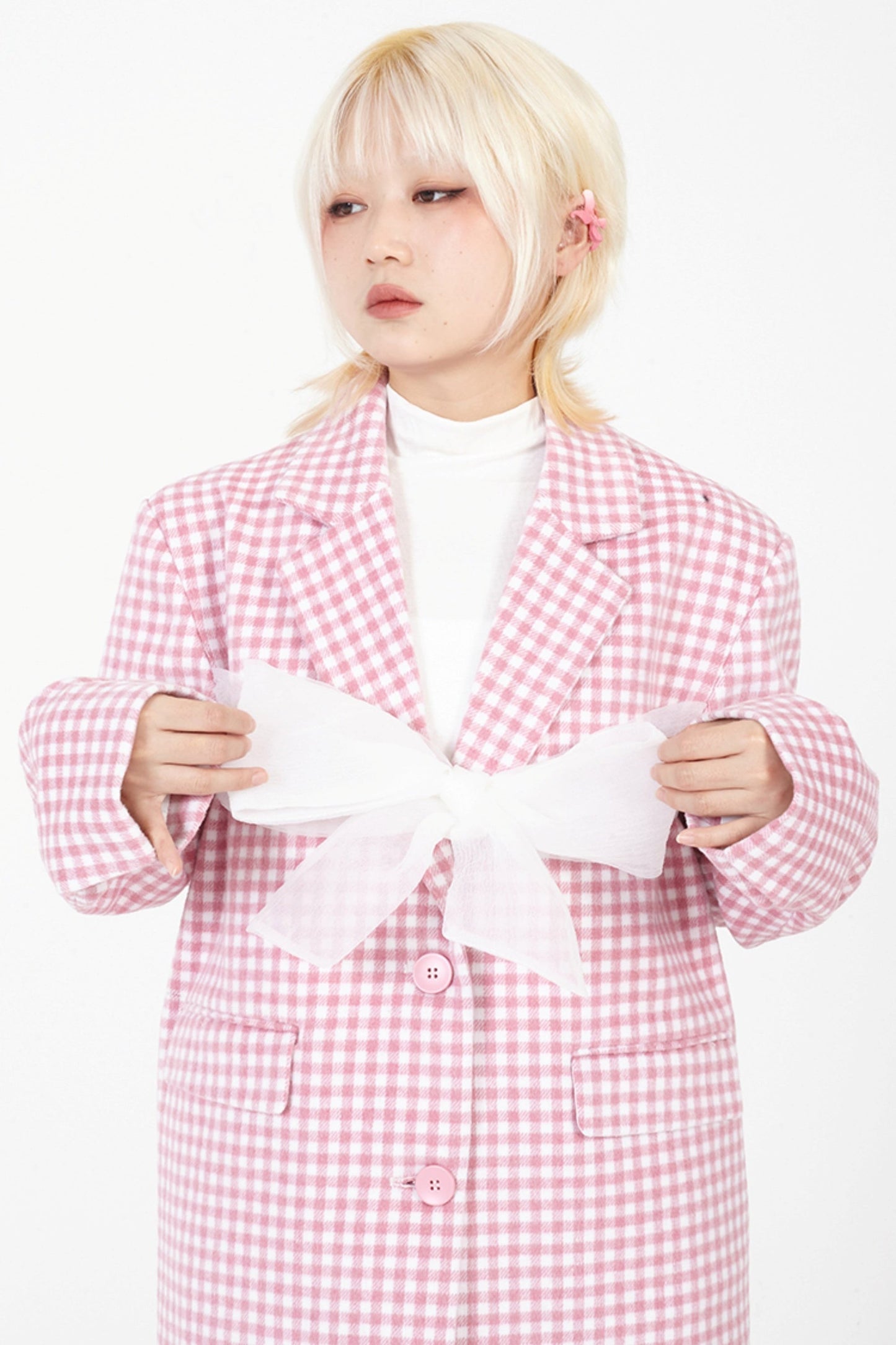 Pink Plaid Wool Bow Suit Jacket