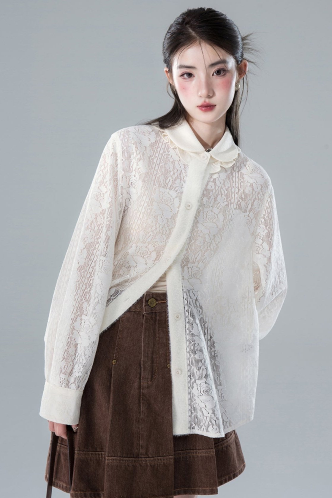 Lace Shirt Suspenders In Apricot Set