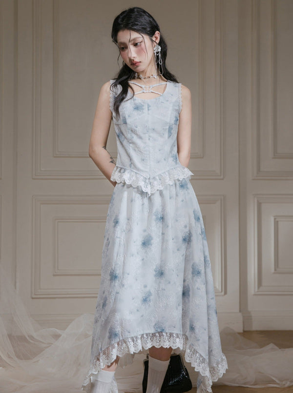 Blue Printed Lace Vest Skirt Set