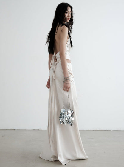 White Two-Piece Draped Vest Maxi Dress Set