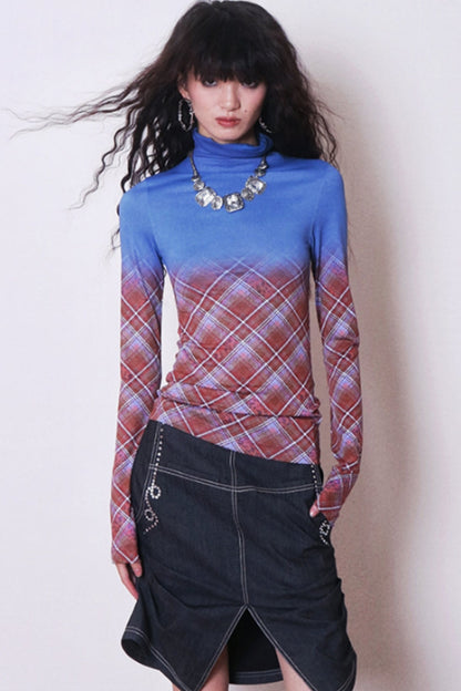 Check Print Turtleneck Layer Top