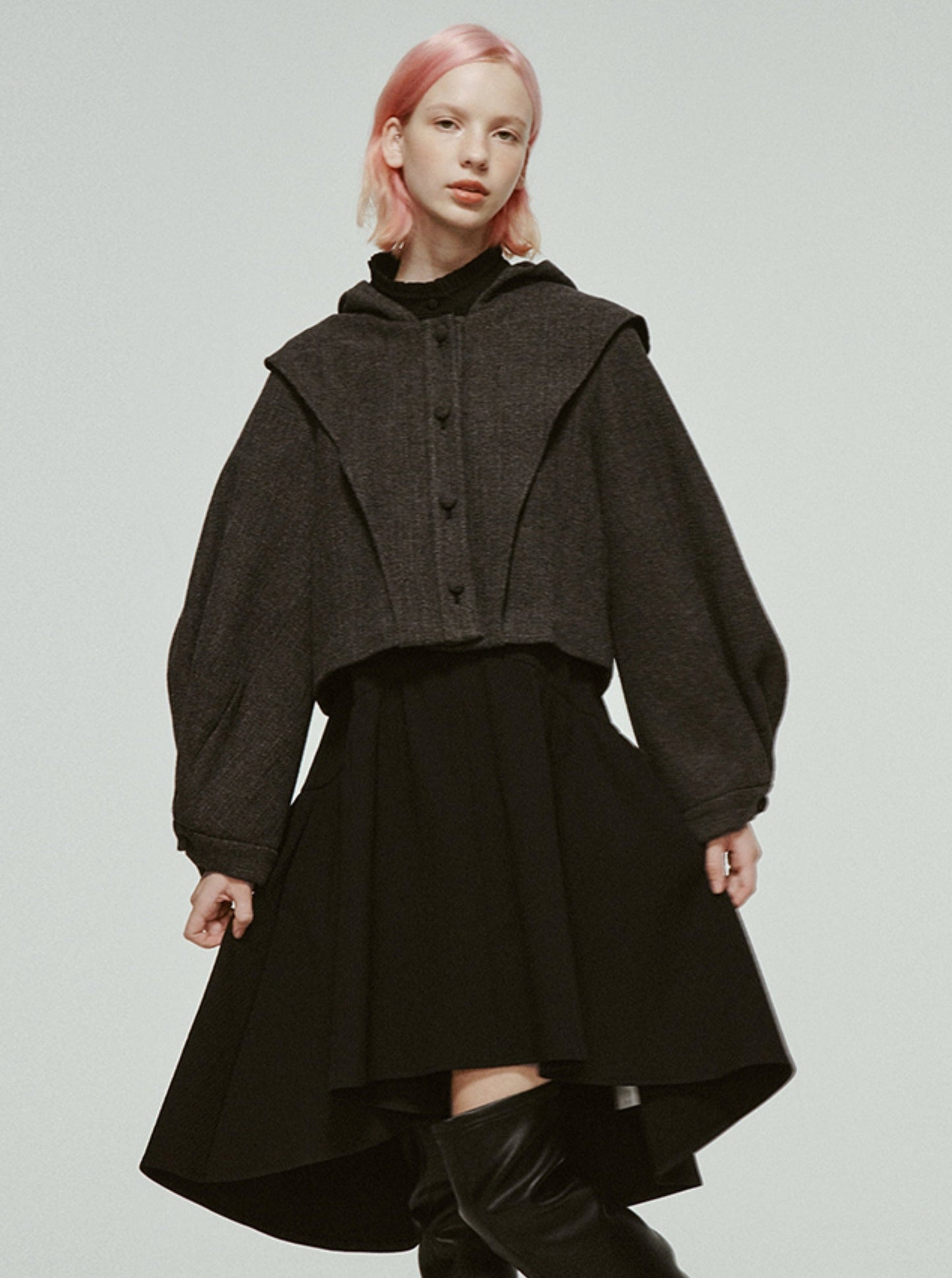 Hooded Cropped Pleated Balloon Sleeve Jacket