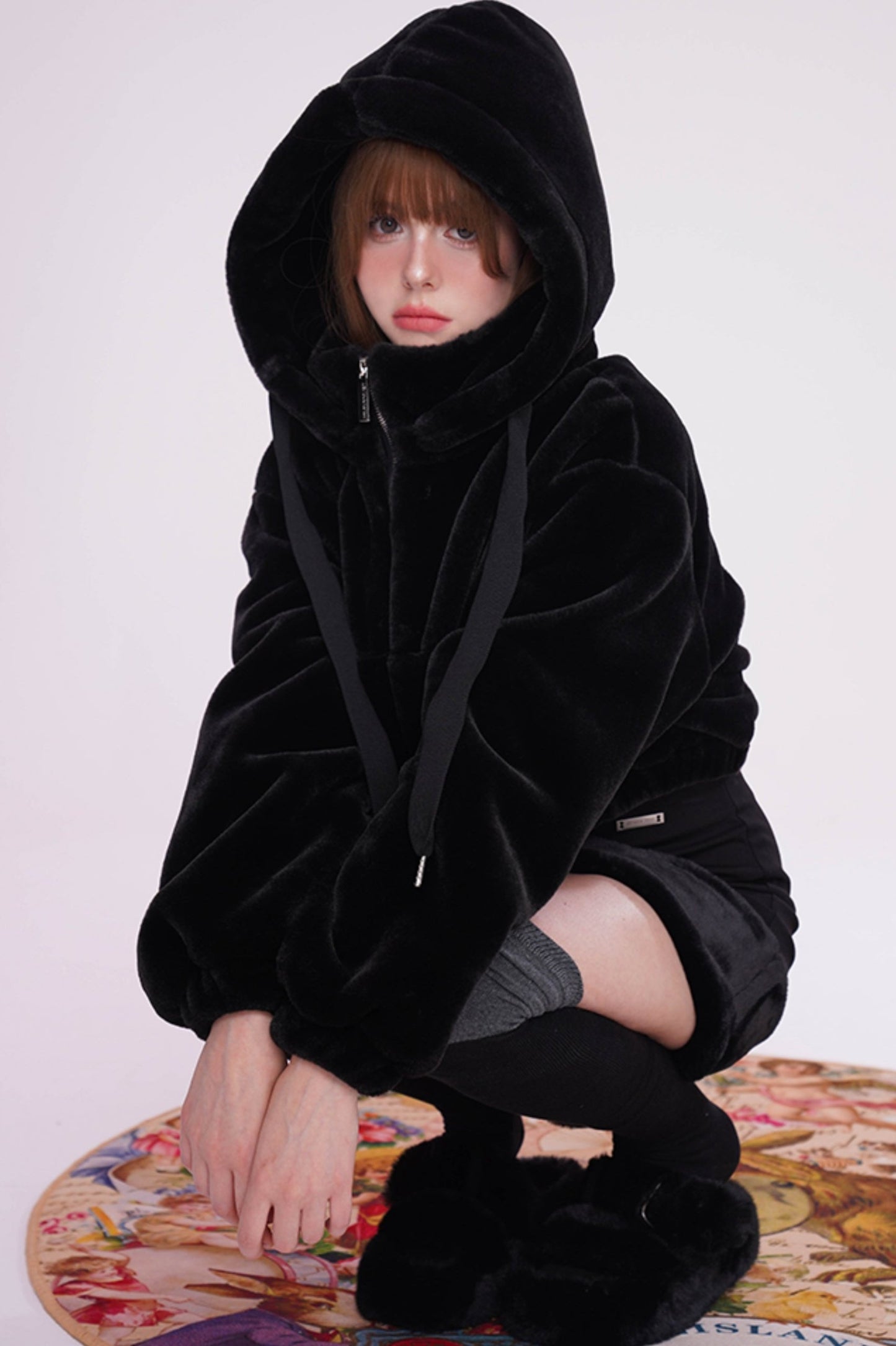 Short Hooded Rabbit Fur Jacket Set-Up