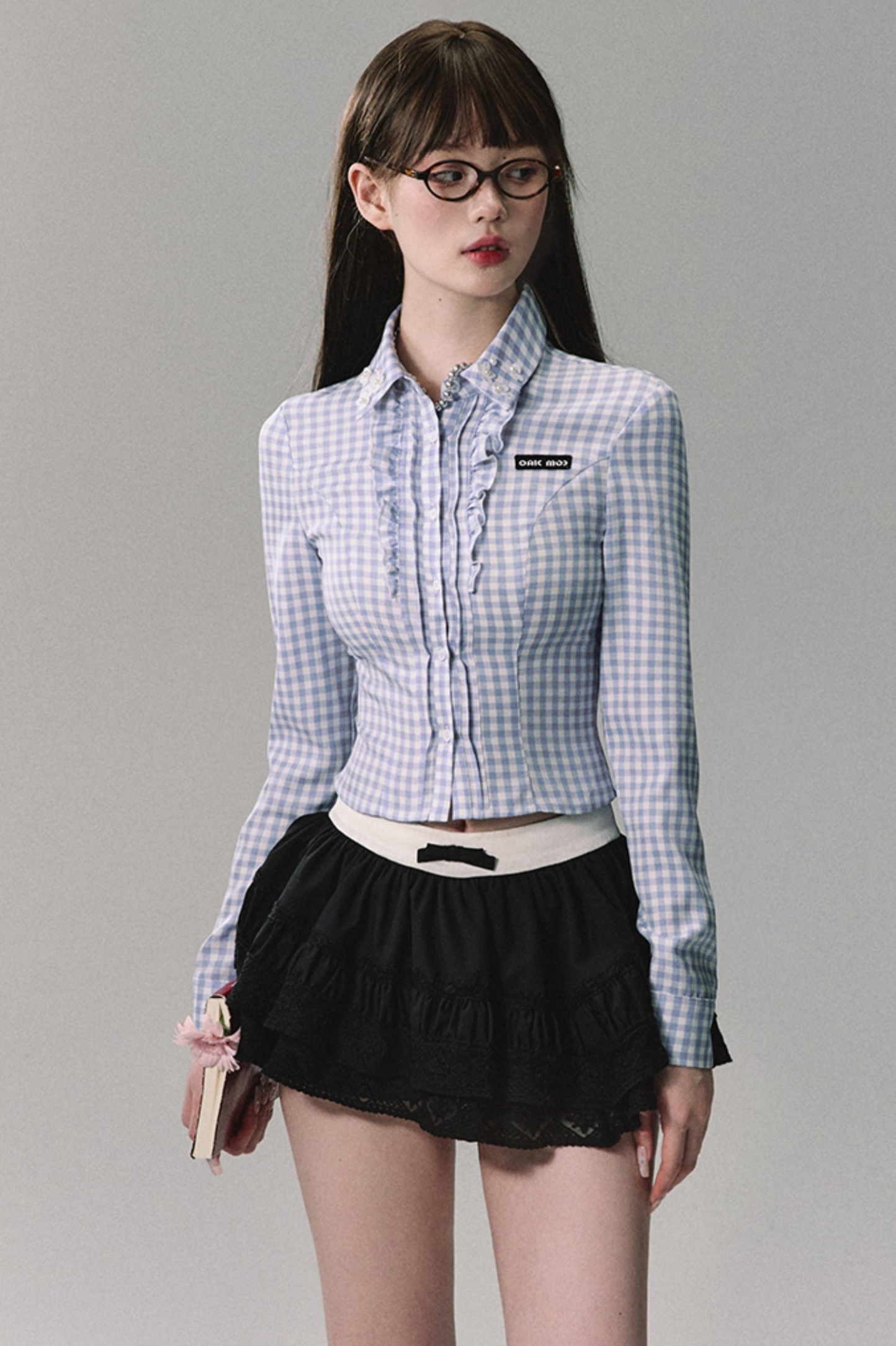 Blue White Plaid Shirt Skirt Set-Up