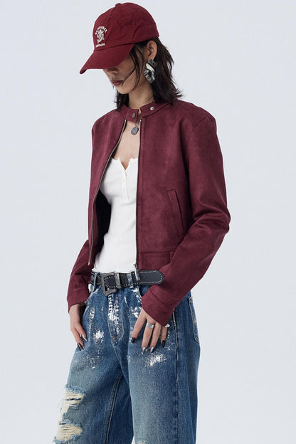 Stand Collar Suede Short Jacket