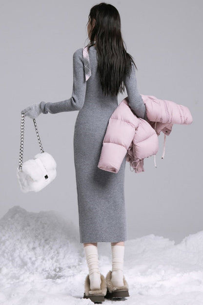 Curve-Shaping Grey Wool Knit Dress