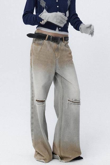 Distressed Gradient Raw Flared Jeans