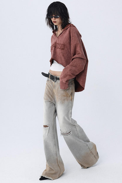 Distressed Gradient Raw Flared Jeans