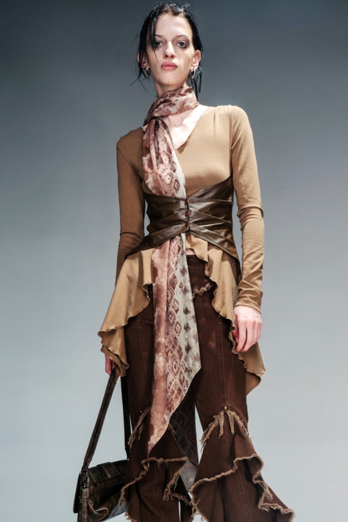 Leather Long-Sleeved Top with Scarf Set