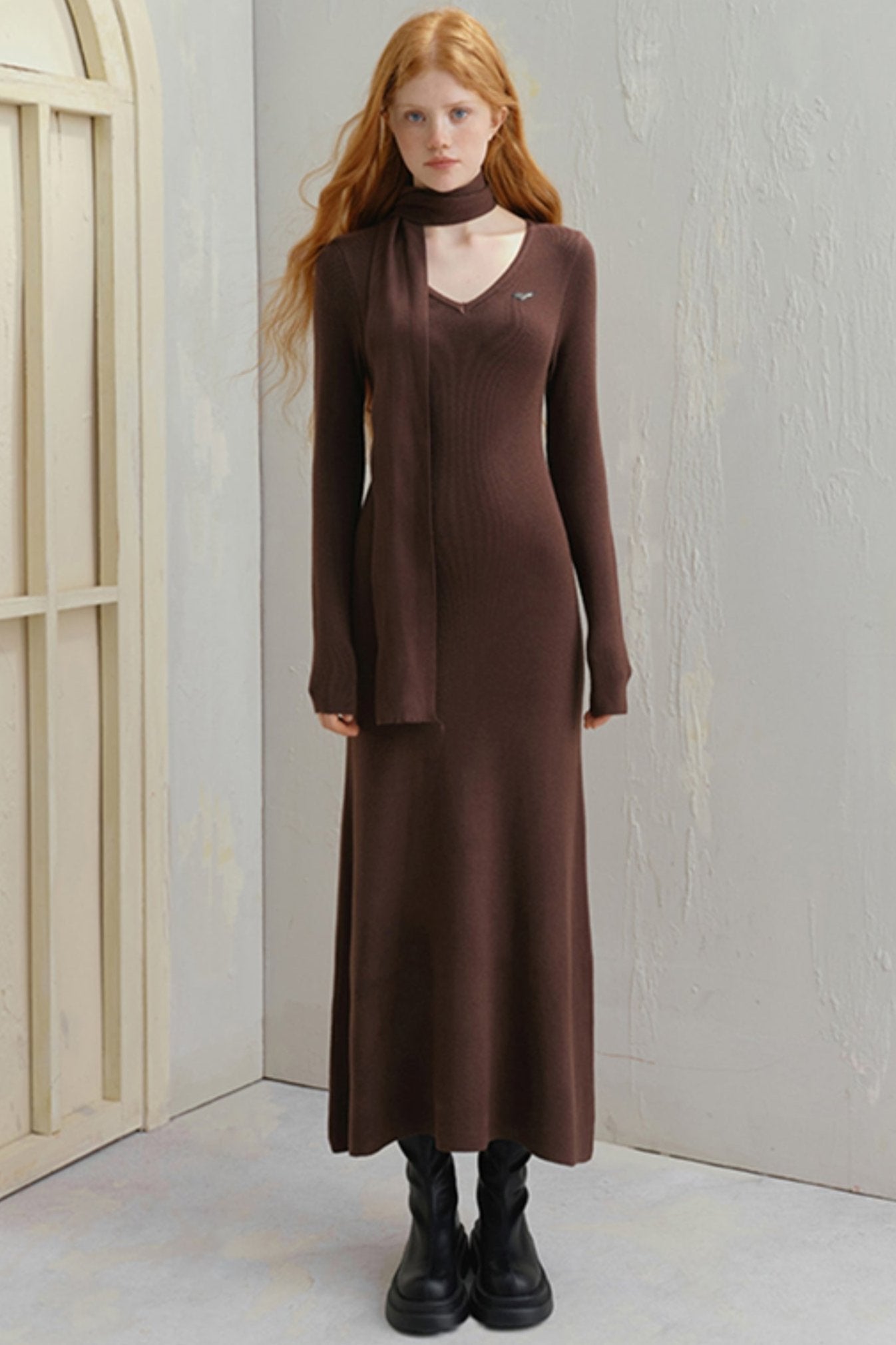 French V-Neck Slim Knit Maxi Dress