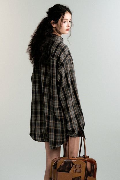 Color-Block Loose Check Long-Sleeved Shirt