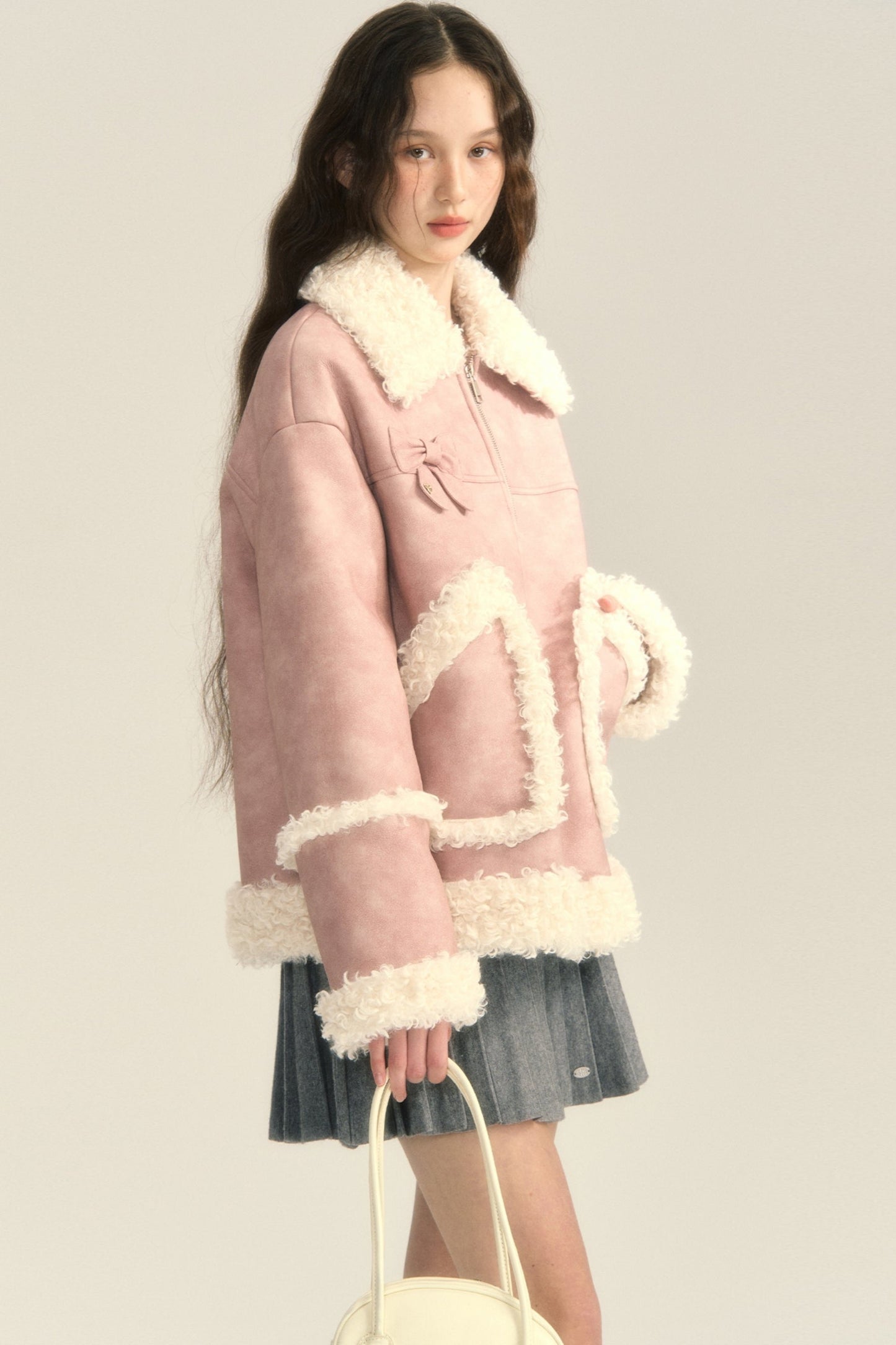 Contrasting Bow Fur Coat