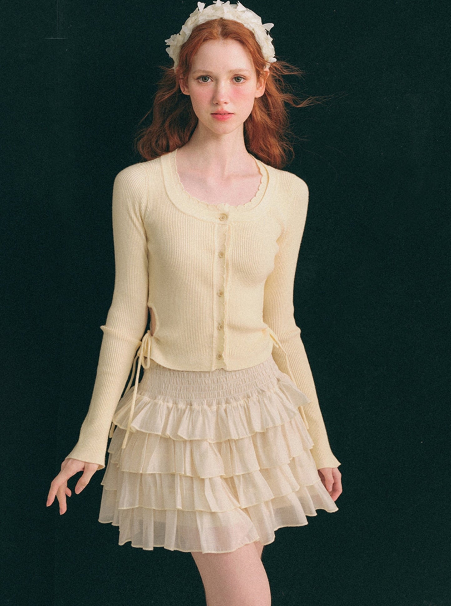 Tencel Ruffle Collar Shirt & Cake Skirt Set-Up