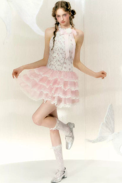 Pink White Floral Lace Princess Dress