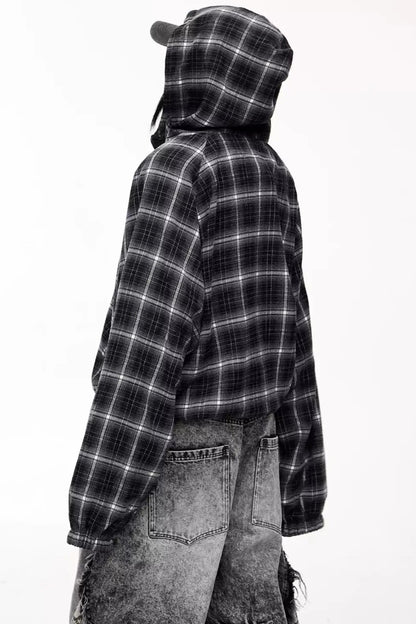 Retro Check Drawstring Baggy Hoodie