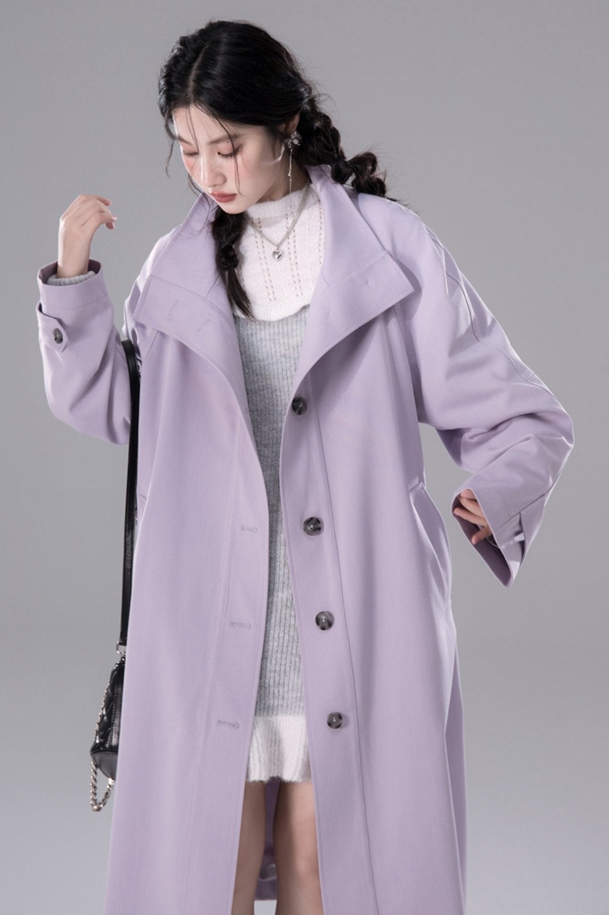 Lilac Khaki Chimney Neck Trench Coat