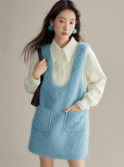 Plush faux mink fur A-line vest dress