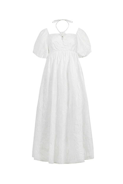 White Puff Sleeve Halterneck Dress