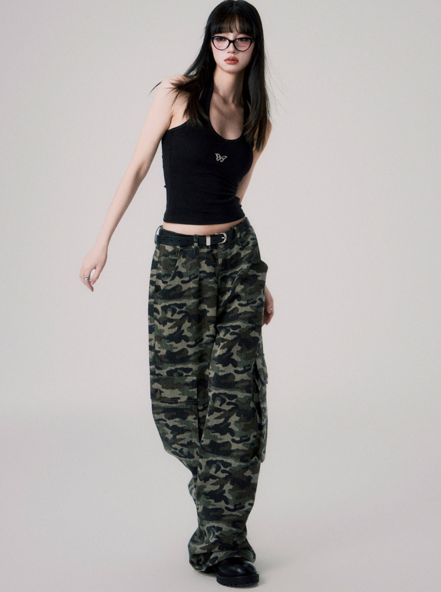 Camouflage Low Rise Cargo Pants