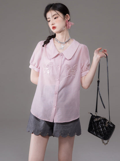 Butterfly Embroidered Doll Collar Shirt