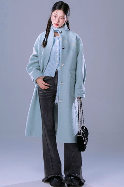 Blue Waxy Wool Long Coat