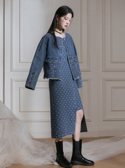 Edged Jacquard Denim Jacket Sundress Set