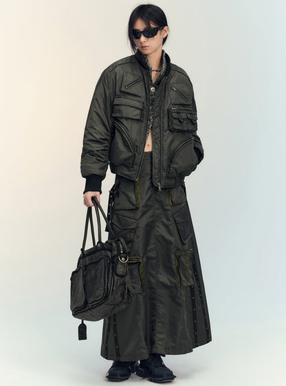 Cargo pocket bomber padded jacket skirt set