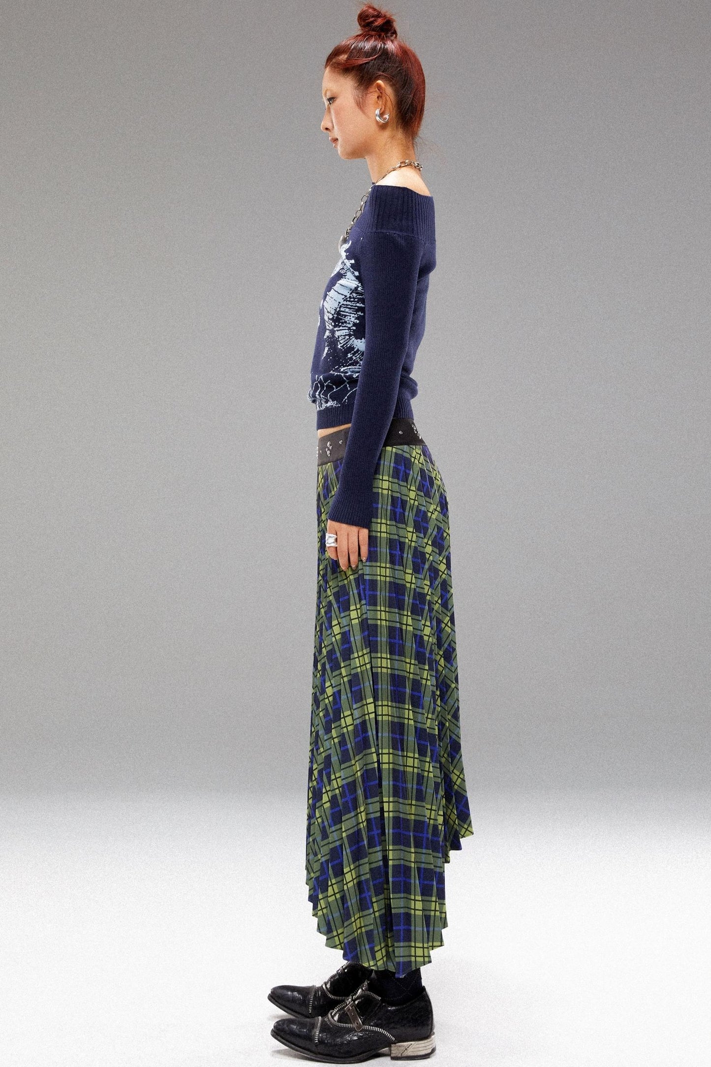 Dimensional Pleated Check Skirt