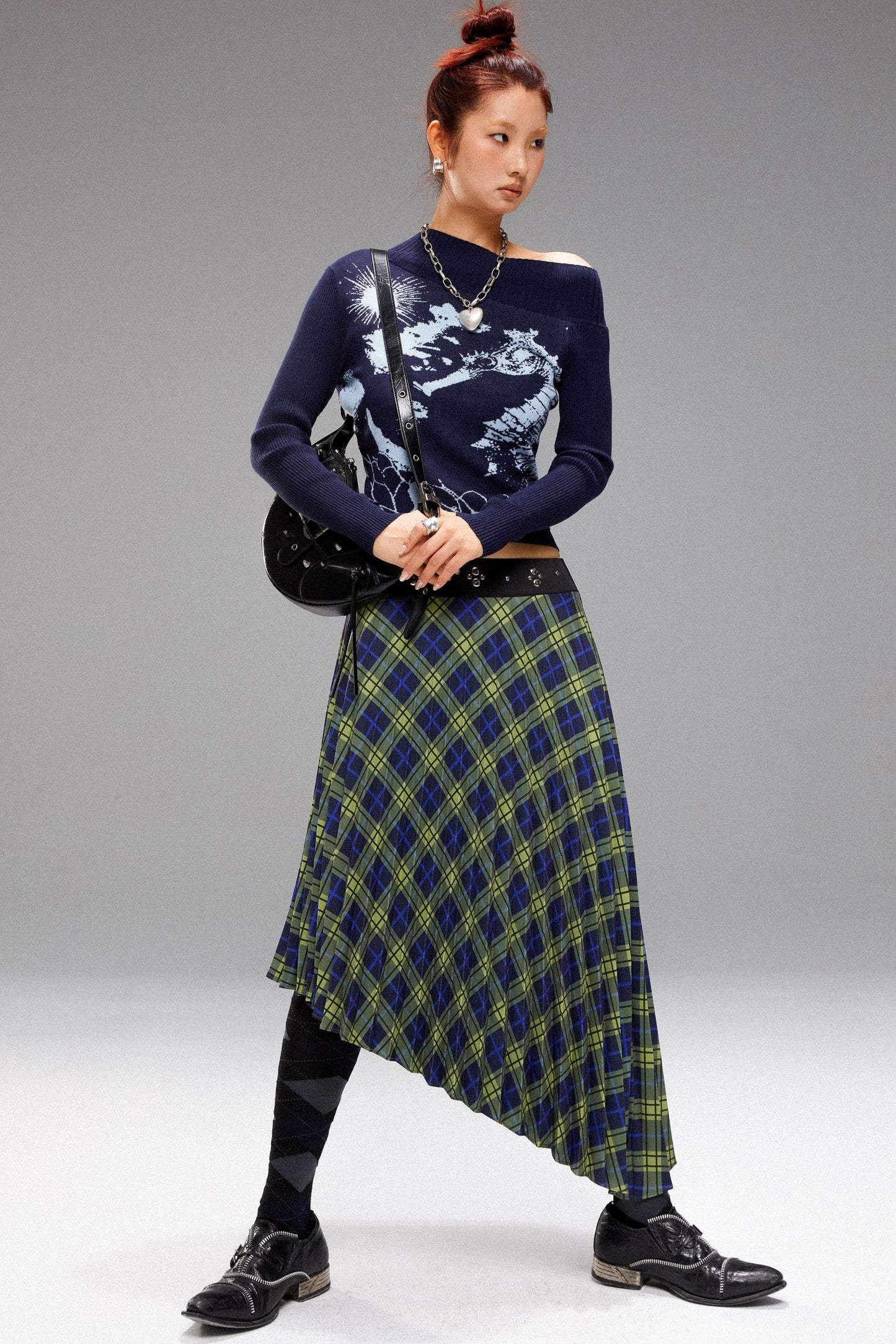 Dimensional Pleated Check Skirt