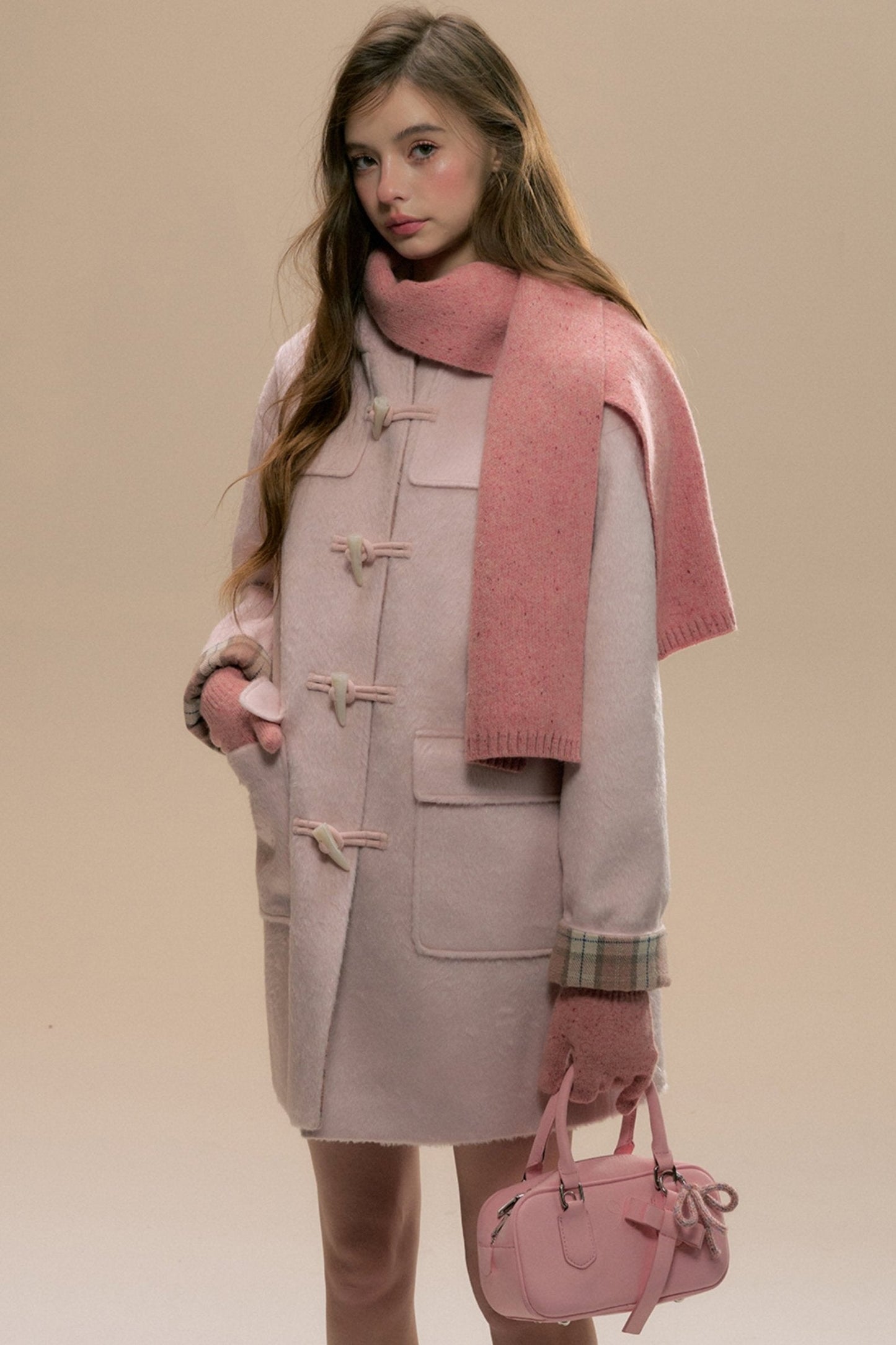 Pink Check Horn Button Coat