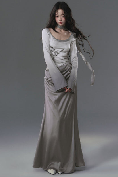 Gray Long Sleeve Butterfly Dress