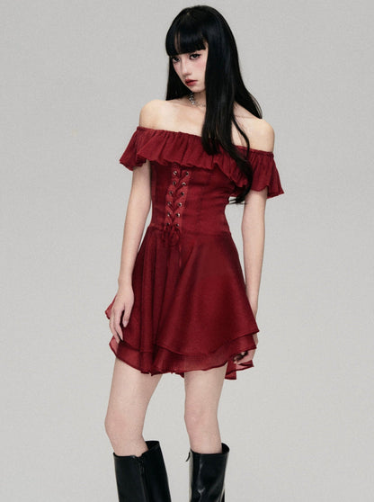 Red Rose Lace-up One-Shoulder Dress