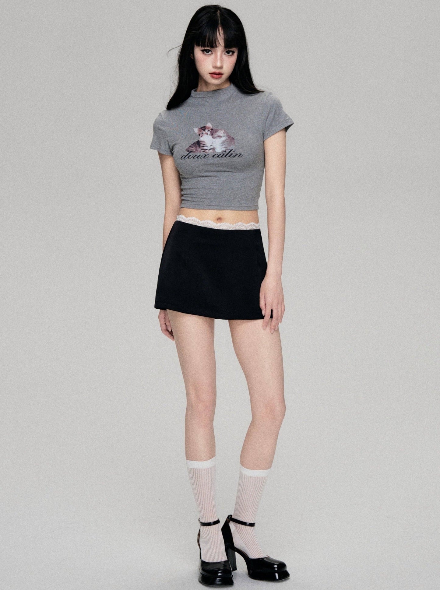 Fun Cat Print Cropped T-Shirt