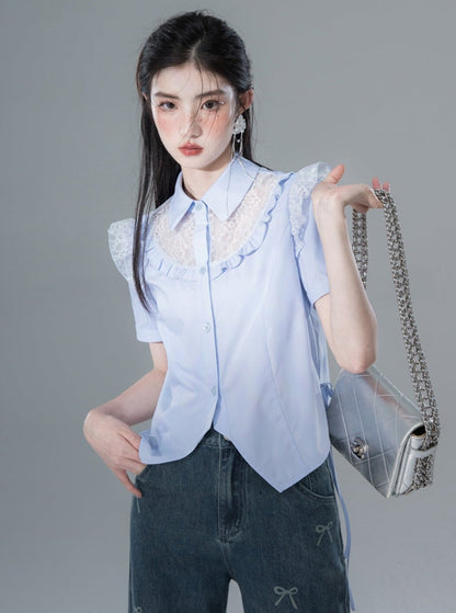 Lace Panel Short-Sleeved Shirt